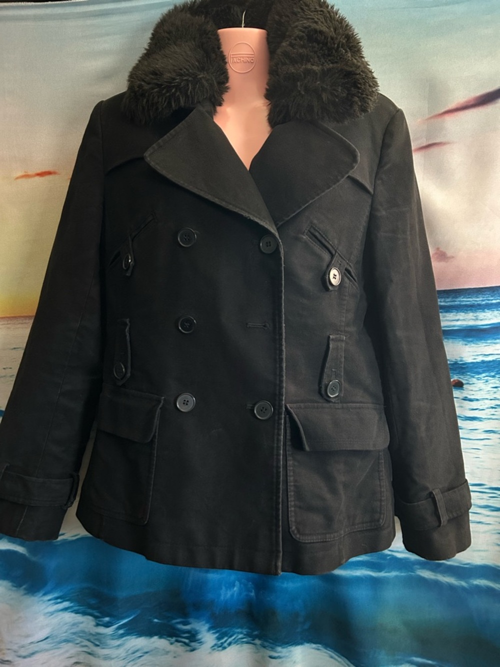 Anne Taylor Loft Black Women's Double-Breasted Jacket with Faux Fur Collar SZ 6